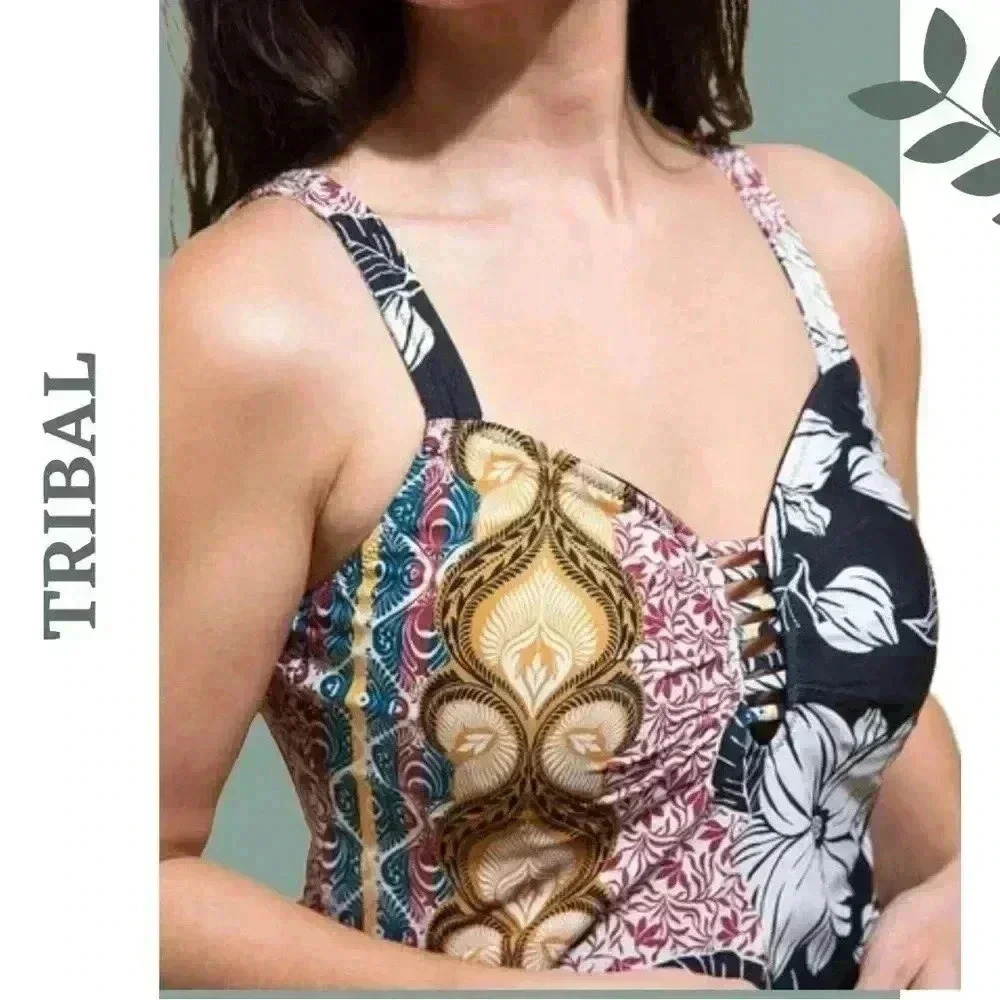 Tribal Reversible Tankini Top Floral and Solid Black Gold